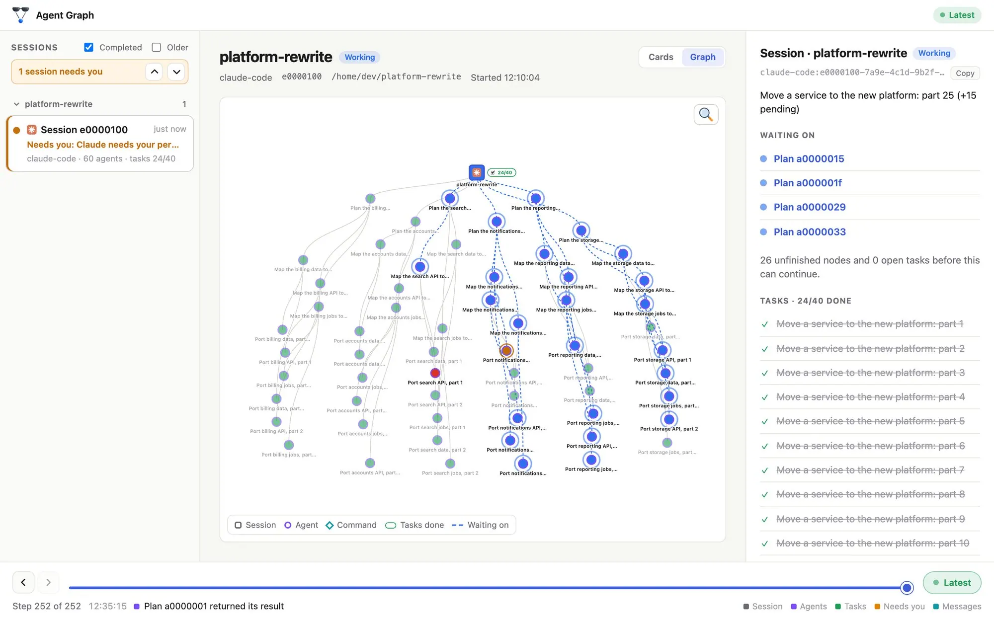 Agent Graph showing a large graph of 60 agents working on a platform rewrite