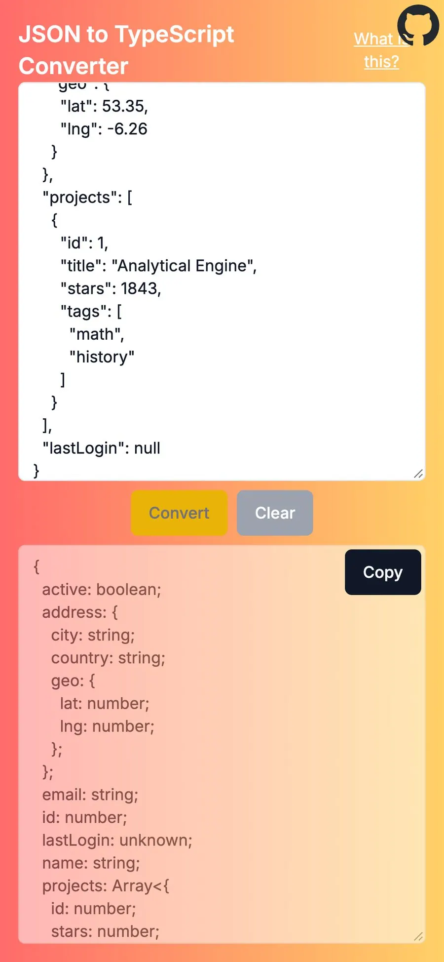JSON to TS on a phone