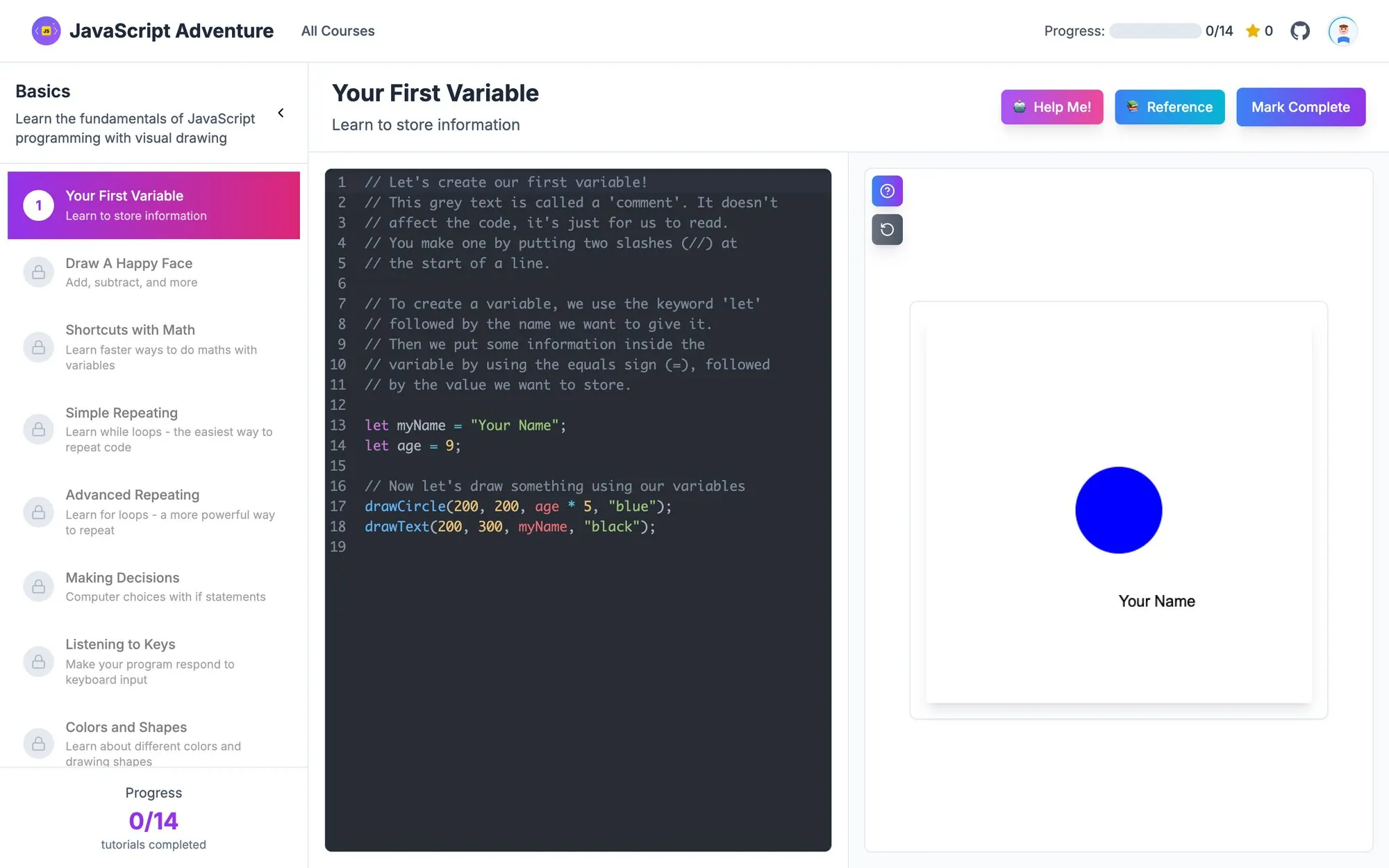 A JsTutor lesson: code on the left draws a circle on the canvas