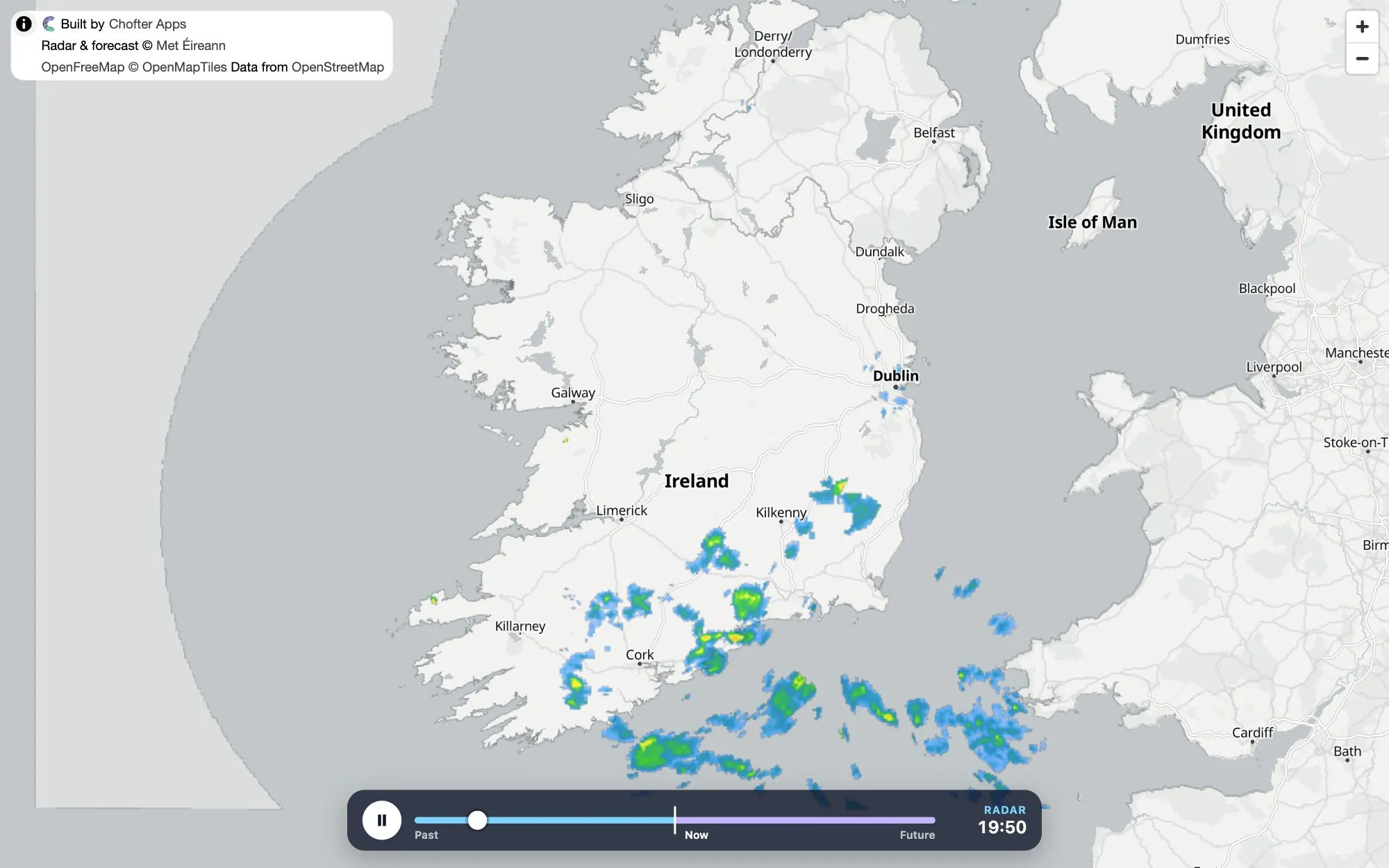 Live rain radar over the south of Ireland