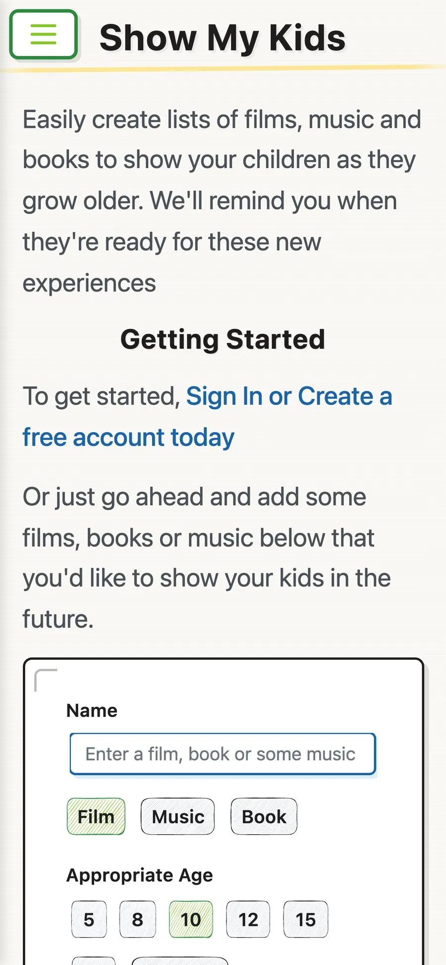 Adding a film to Show My Kids on a phone